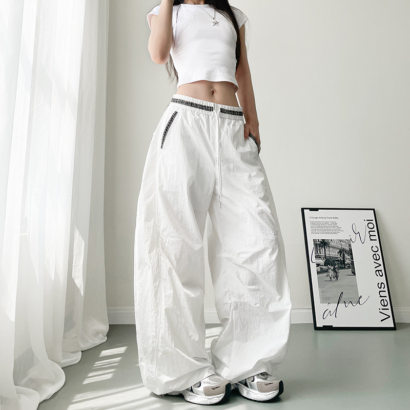 白色不透冰丝高腰拼接阔腿裤女大码胖mm显瘦宽松慵懒风运动直筒裤,女装/女士精品,大码裤装,淘宝优惠券,粉丝福利购,淘宝优惠卷