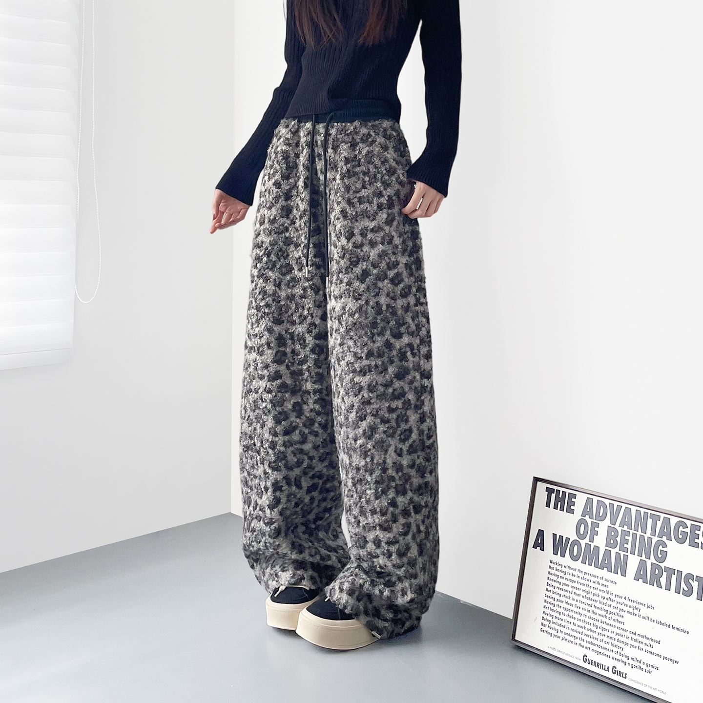 蜜略大码宽松胖MM冬季豹纹阔腿裤