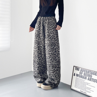 大码高腰毛绒豹纹阔腿香蕉裤女冬季胖mm宽松显瘦酷飒个性风毛毛裤
