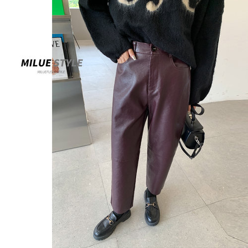 蜜略遮肉显瘦大码胖mm休闲pu皮裤