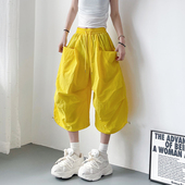 夏日多巴胺冰丝速干阔腿七分裤 子 短裤 女大码 胖mm宽松显瘦运动美式