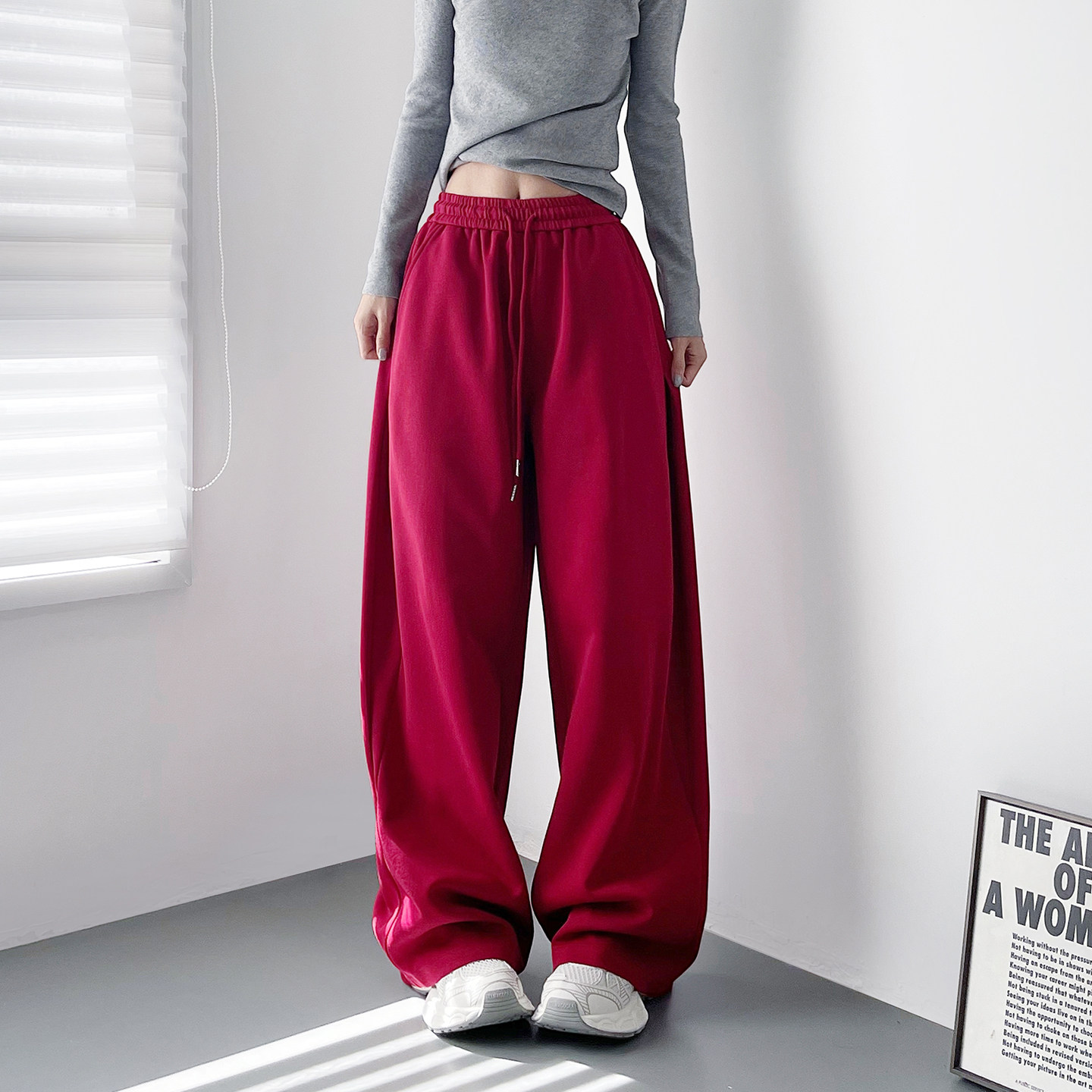 红色设计感压褶阔腿裤女冬季新款胖梨形身材mm显瘦松弛感运动长裤,女装/女士精品,大码裤装,淘宝优惠券,粉丝福利购,淘宝优惠卷