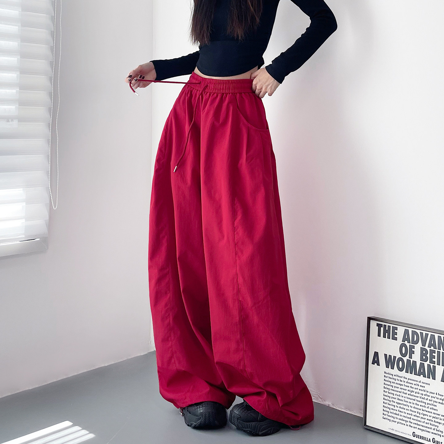 大码酷飒拽姐高腰显瘦红色阔腿裤女春季新款胖mm跳舞大裤腿运动裤,女装/女士精品,大码裤装,淘宝优惠券,粉丝福利购,淘宝优惠卷