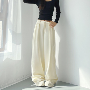 肌理感高腰显瘦阔腿裤 拖地休闲裤 女春季 胖mm藏肉慵懒西装 新款 大码