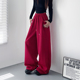 显瘦宽松梨型身材阔腿裤 女冬季 胖mm加长运动卫裤 大码 加绒红色长裤