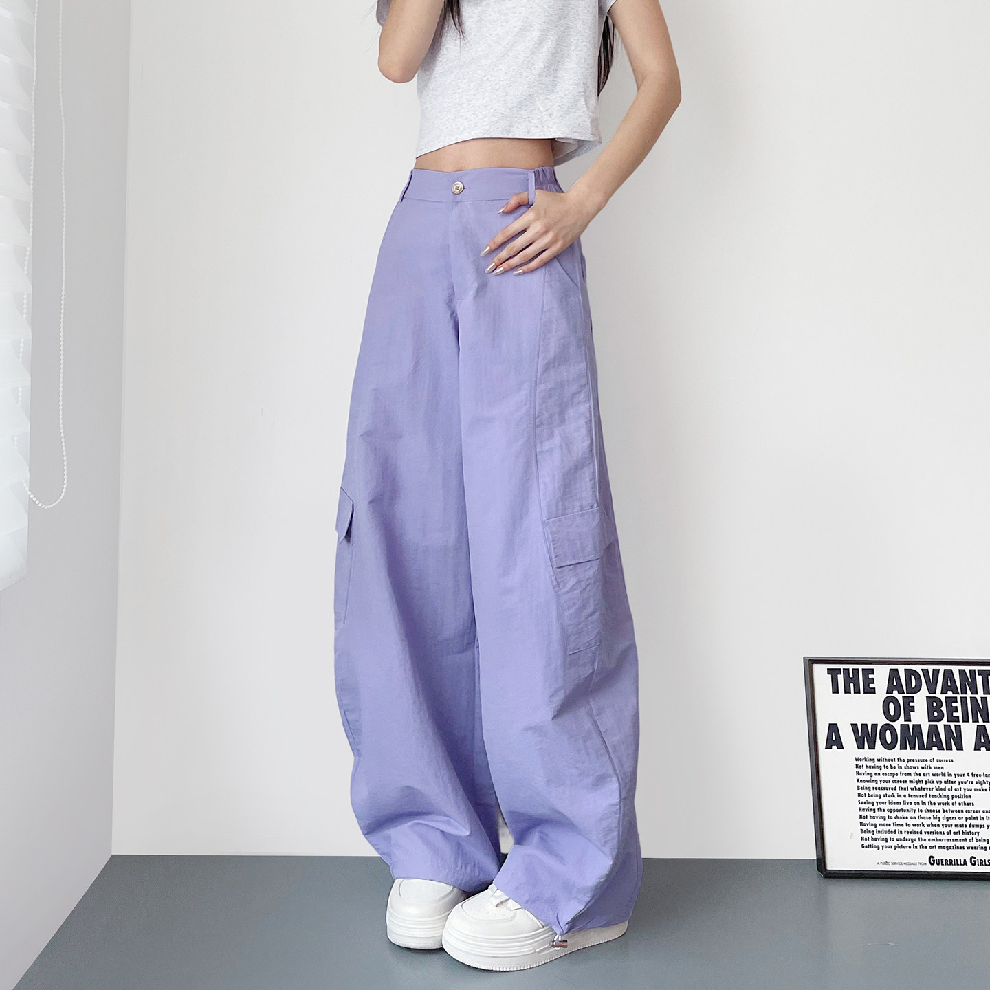夏日多巴胺紫色冰丝速干阔腿裤女大码胖mm2026夏季新款工装运动裤