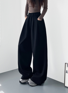 大码黑色卫裤奶芙阔腿裤女冬季胖mm慵懒风松弛感加绒运动休闲裤子