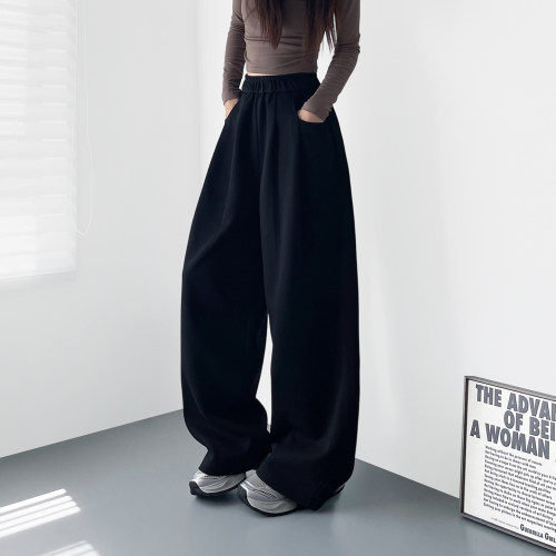 蜜略大码黑色卫裤奶芙阔腿裤女