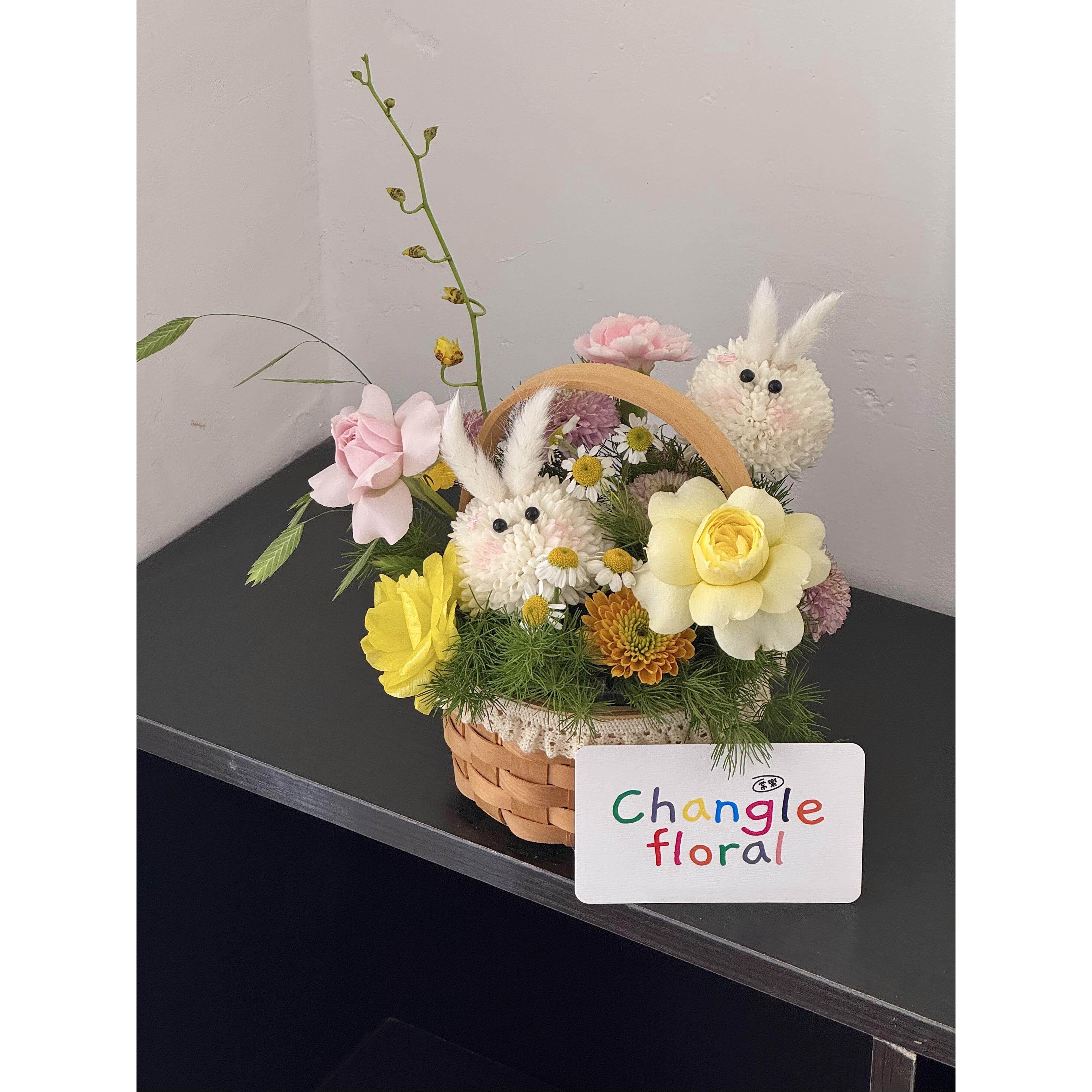 可爱的兔子花篮书包编织花篮花束插花盒DIY花包装材料儿童节礼物