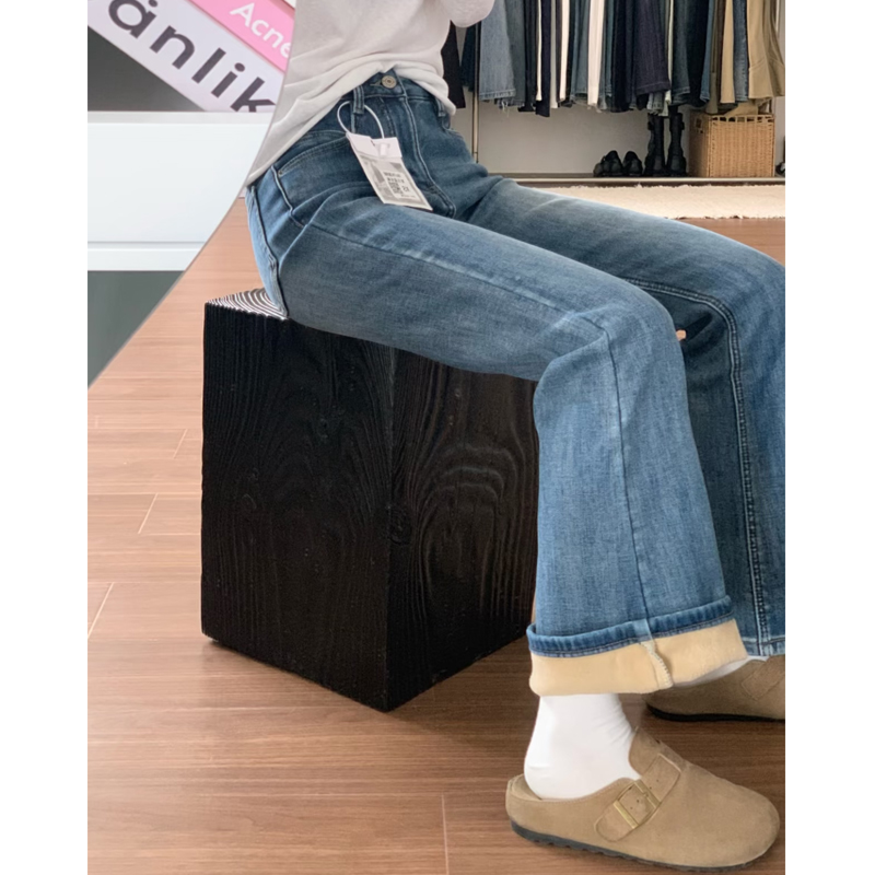 复古微喇牛仔裤女2025年秋冬新款加绒高腰显瘦小个子马蹄喇叭裤子