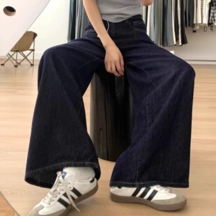 女2025春夏新款 薄款 高腰显瘦美式 拖地裤 复古弯刀裤 丹宁深蓝牛仔裤