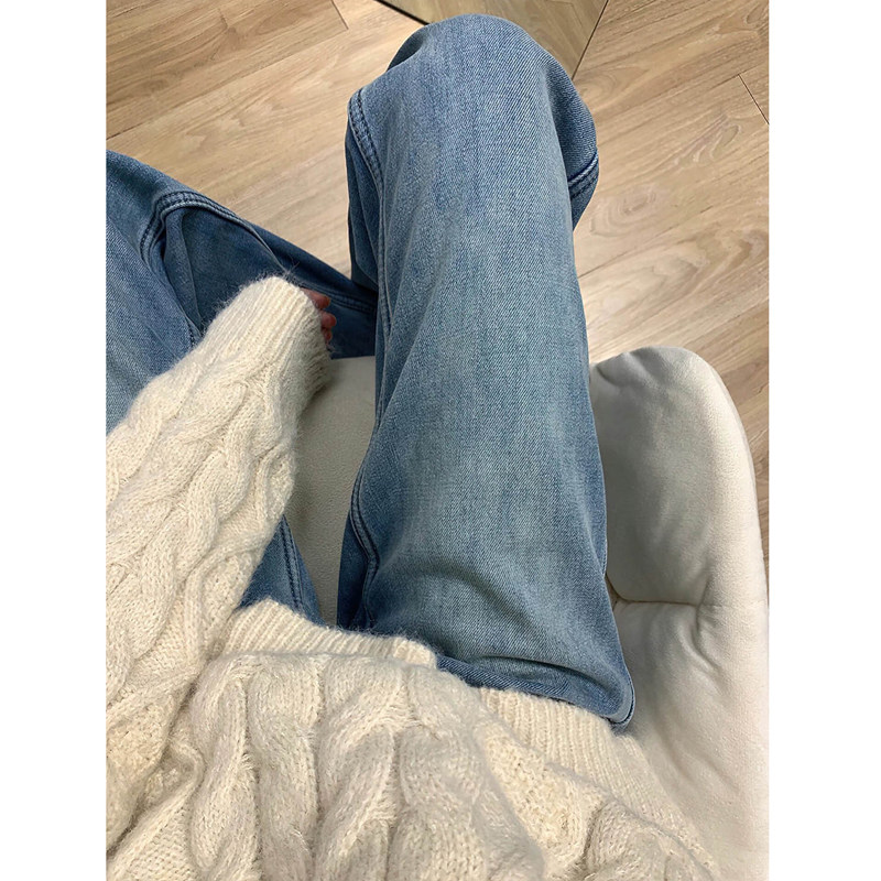 浅色阔腿牛仔裤女高腰薄款大码胖mm宽松显瘦梨形身材窄版直筒裤子