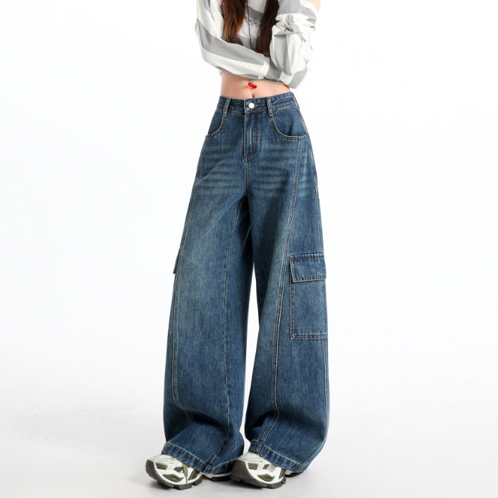 复古蓝阔腿牛仔裤女拼接多口袋2026春季新款高腰拖地宽松工装裤子,女装/女士精品,牛仔裤,淘宝优惠券,粉丝福利购,淘宝优惠卷