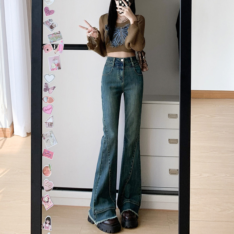 缇勋新款设计感高腰微喇牛仔裤女毛边修身显瘦九分小个子喇叭裤秋