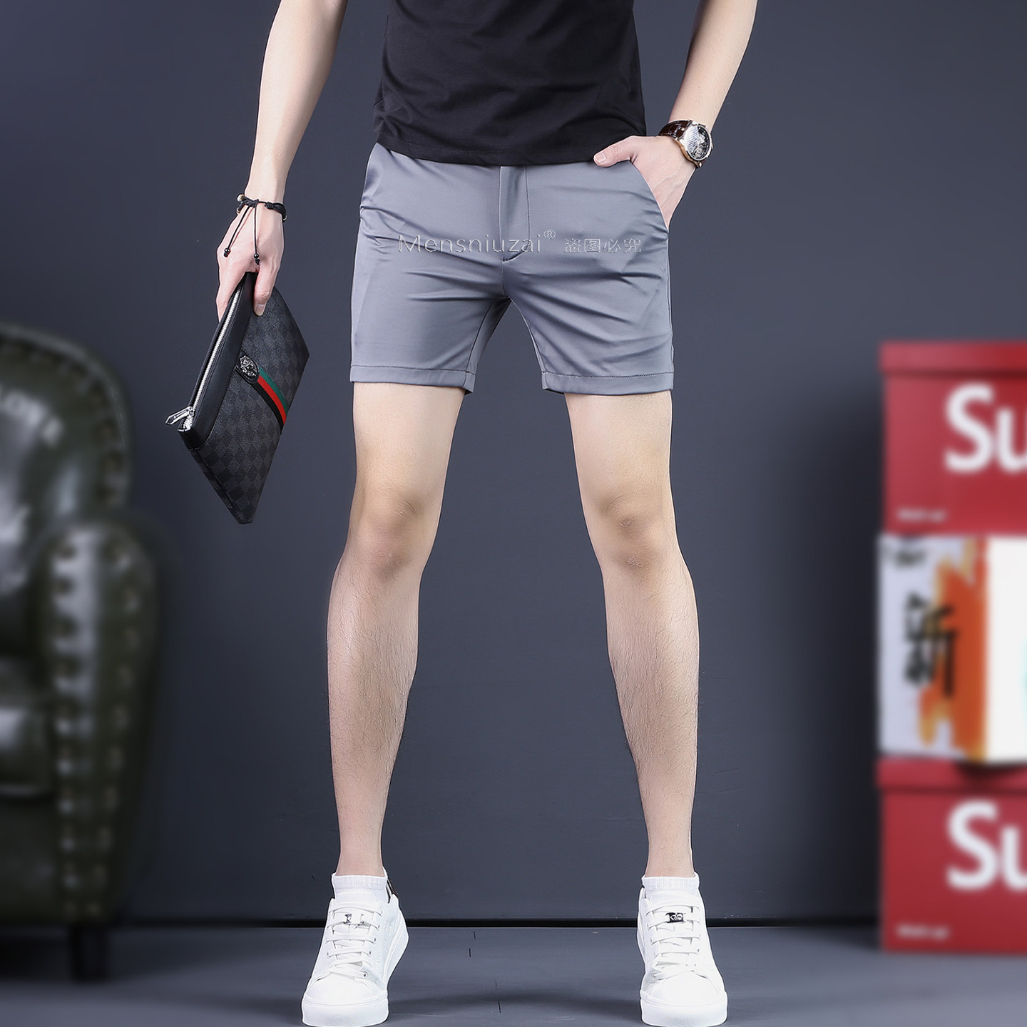 高端男士冰丝短裤潮牌修身五分裤夏季薄款百搭桑蚕丝凉感三分裤
