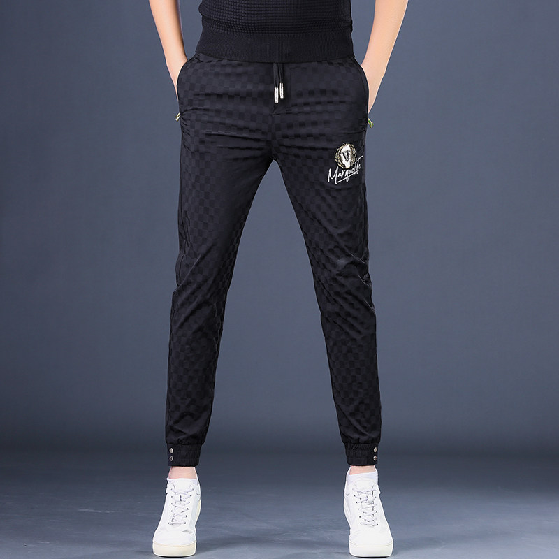 新款男格子休闲裤潮牌弹力修身束脚九分运动裤高品质刺绣加绒男裤
