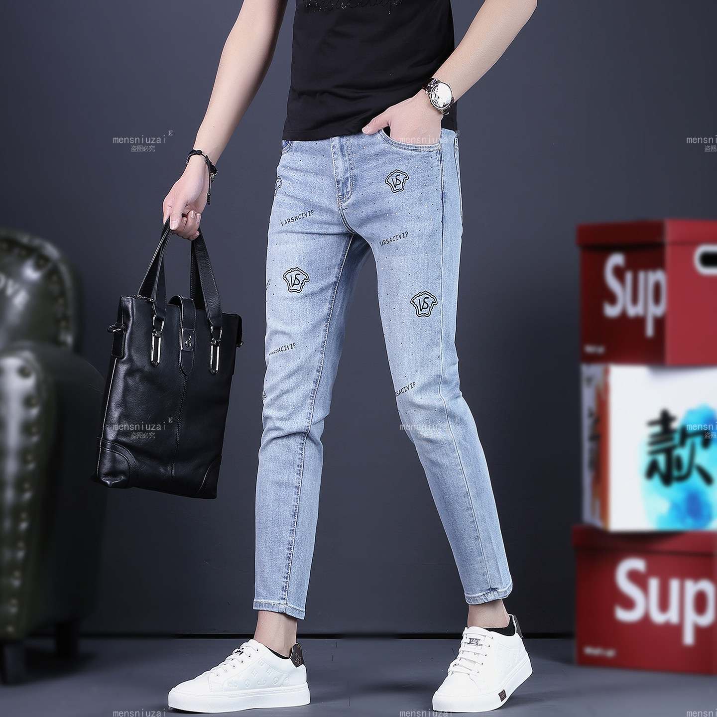 欧洲站男士修身浅蓝色烫钻牛仔裤帅气九分裤弹力做旧潮流休闲男裤