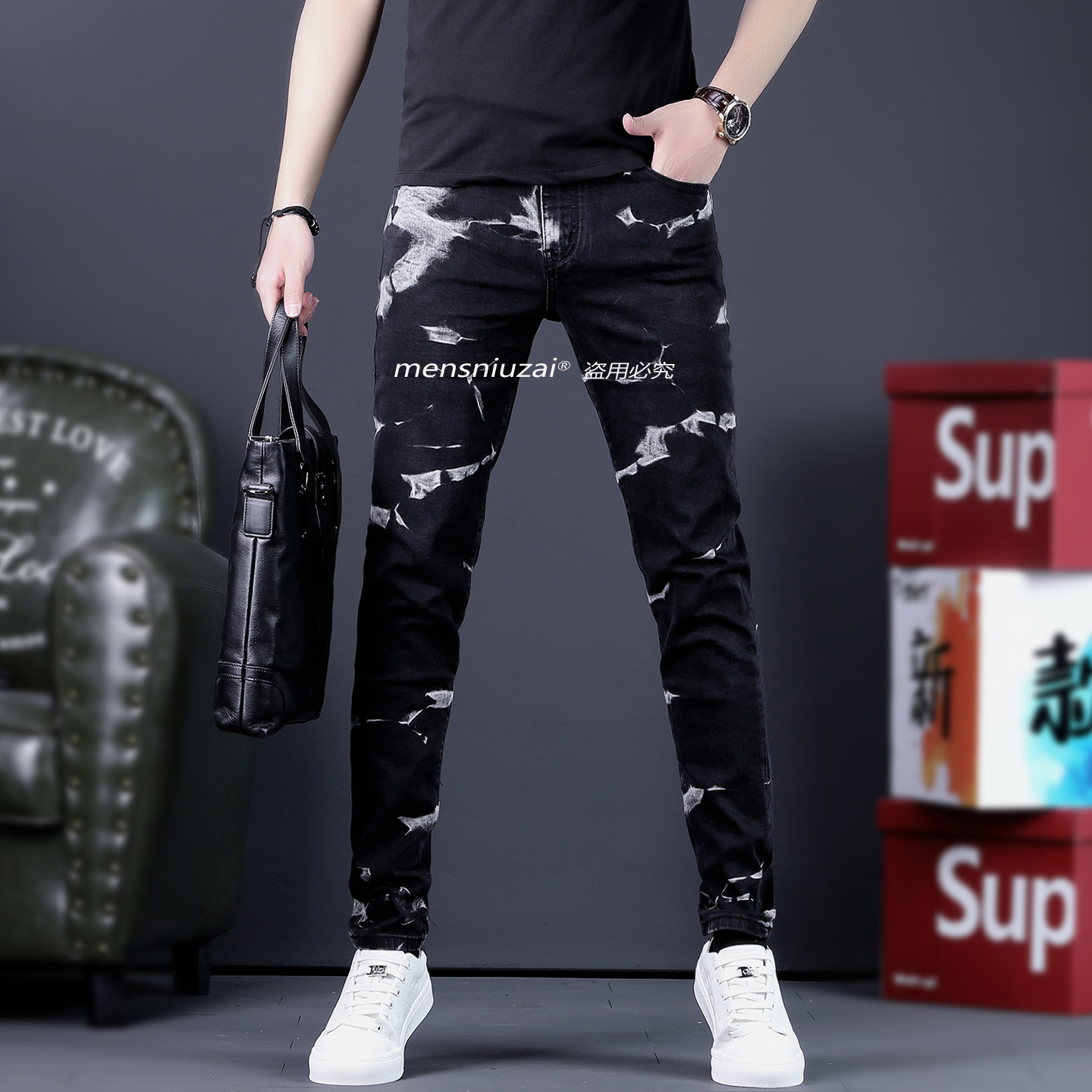 潮牌黑色印花牛仔裤男修身小脚长裤韩版设计感裤子男士春季九分裤