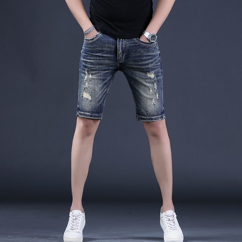 男士五分裤潮流破洞牛仔短裤青少年直筒弹力修身中裤男款半截裤