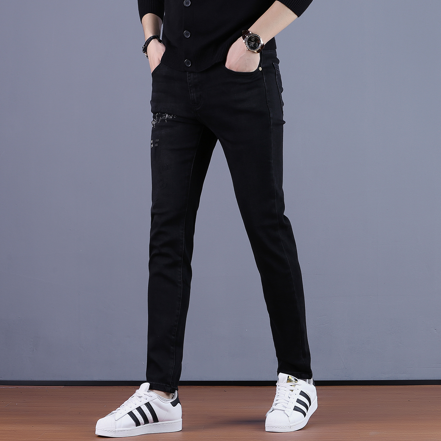 欧洲站男士牛仔裤高端时尚休闲裤男款潮流百搭修身小脚烫钻长裤