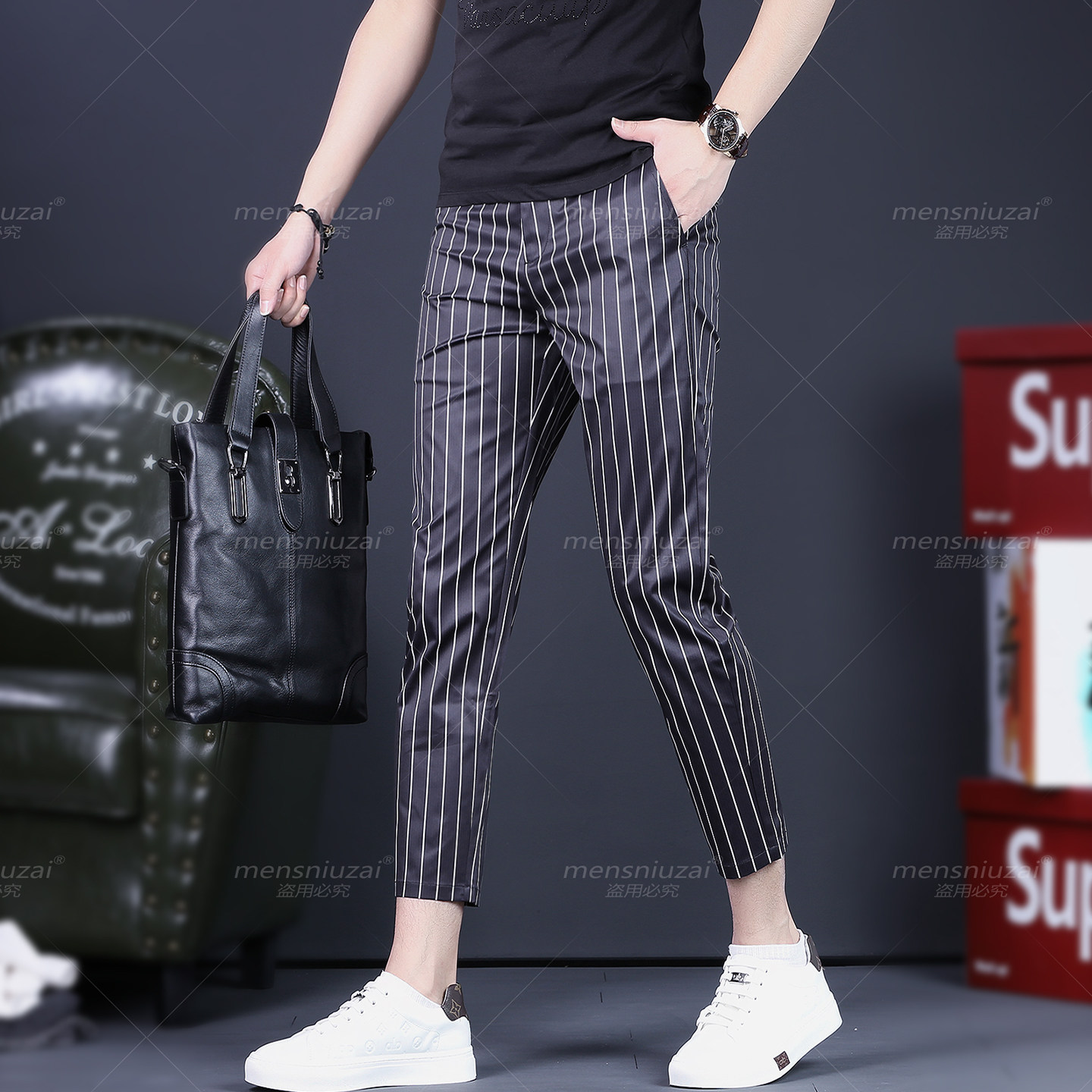 高品质修身条纹九分裤男士休闲裤弹力小脚裤商务百搭男装薄款西裤