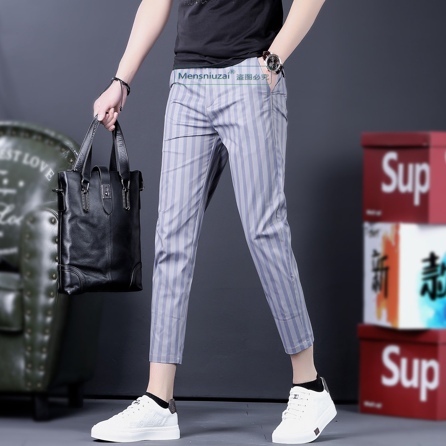 韩版时尚条纹九分裤男士休闲裤夏季薄款小脚裤潮流百搭八分男裤