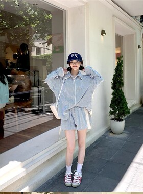 Azmi拼接条纹衬衫女长袖春秋新款小众设计宽松休闲短裤两件套衬衣