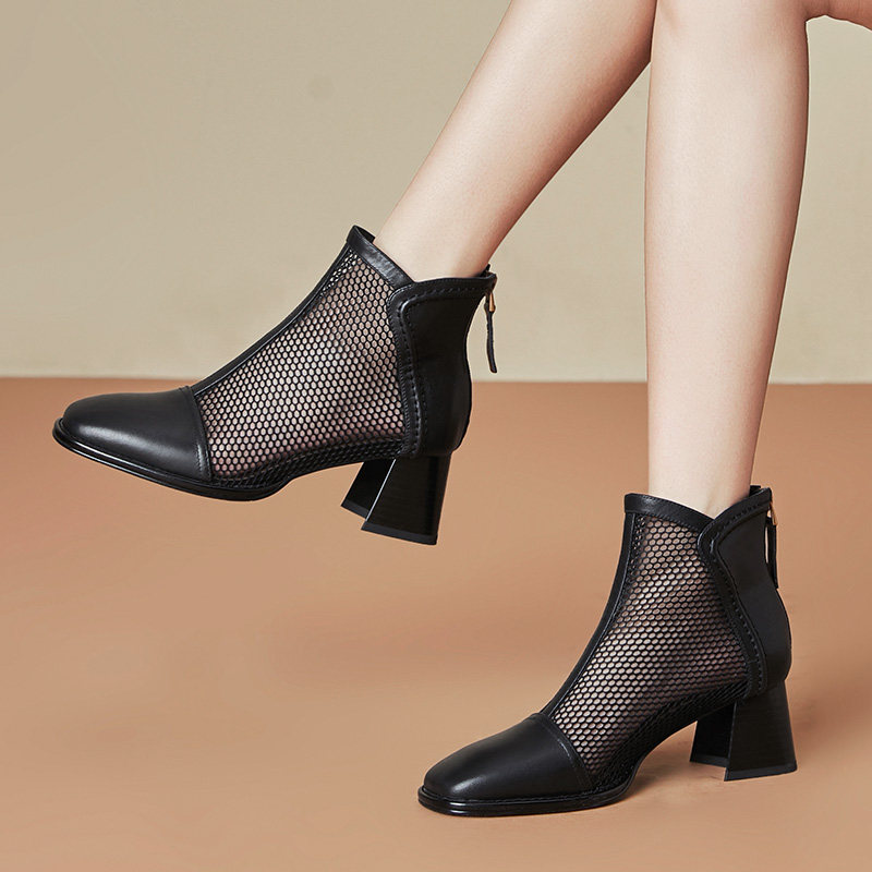 真皮高跟渔网鞋女士春秋新款镂空网靴舒适百搭方头气质粗跟鞋子女