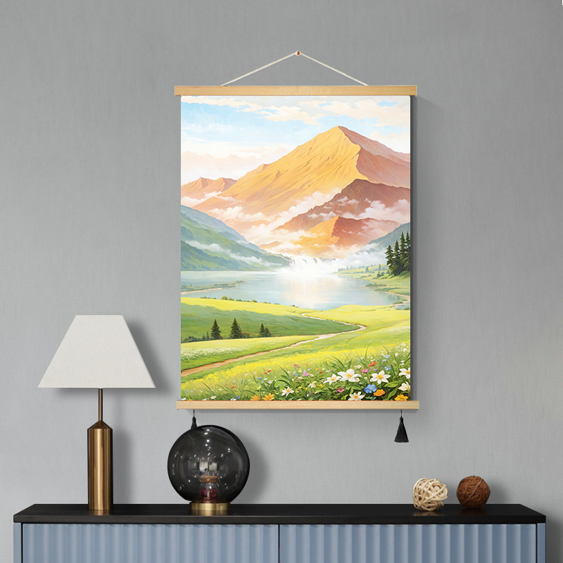 日照金山玄关装饰画入户正对门风景奶油风山水画落地画布艺挂画图片