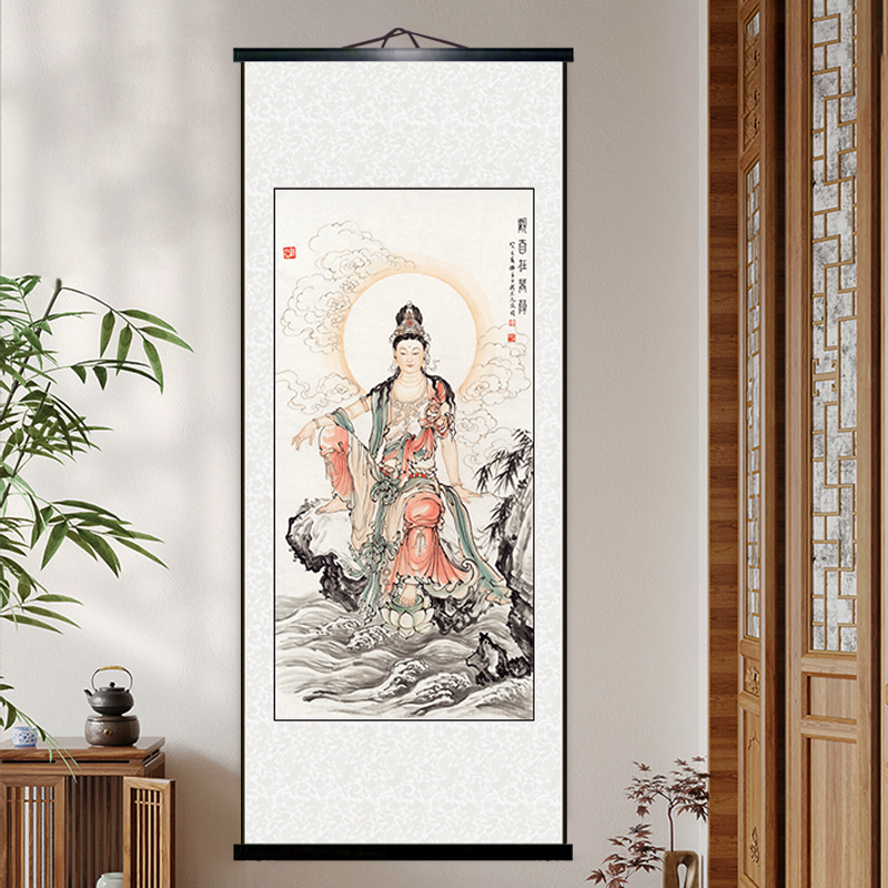 白衣观音画像保平安佛堂供奉挂画观世音菩萨佛像布艺挂画装饰画图片