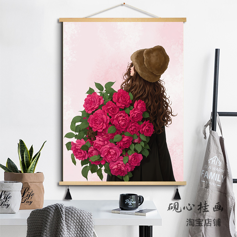 ins风高级感装饰画小众玫瑰捧花少女客厅卧室背景布艺挂画图片