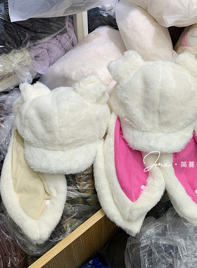 复活节韩版长兔耳朵毛绒鸭舌帽子围巾一体女冬季加厚保暖棒球帽潮