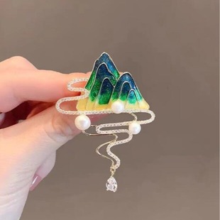 胸花西服正装 文艺国风山水珍珠流苏胸针优雅大气简约新款 配饰别针