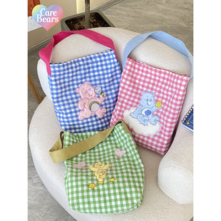 Carebears爱心熊刺绣单肩包包女百搭格子一根带单肩包学生书包