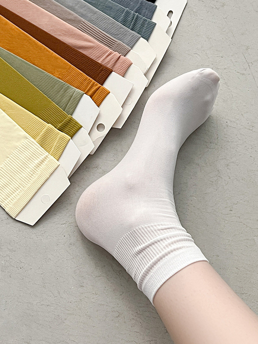 白色冰冰袜子女中筒袜秋季薄款纯色堆堆袜秋天冰丝天鹅绒春季长袜