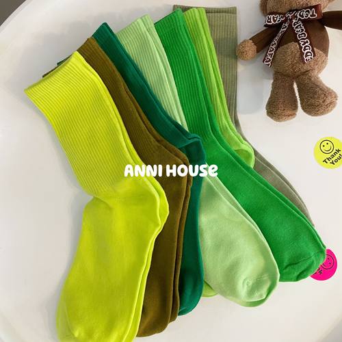 薄荷漫波款袜子棉质荧光韩国潮果绿墨绿百搭个性中筒