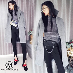 长毛呢大衣外套冬季 时尚 ins超火流行复古灰色中长款 CM赫本风新款