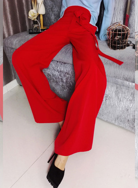 2023春秋新款ins高腰时尚chic流行宽松收腰红色休闲长裤阔腿裤子