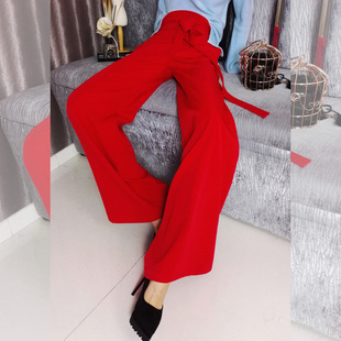 阔腿裤 chic流行宽松收腰红色休闲长裤 子 ins高腰时尚 2023春秋新款