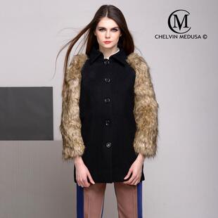 欧美走秀大牌气场貉子毛皮草撞色复古茧型花苞羊毛呢大衣