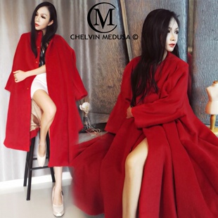 高端新款 大衣 甜美宽松复古简约气质红色裙摆型羊毛毛呢外套女长款