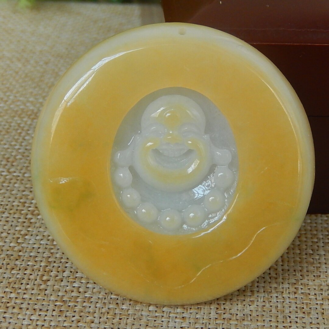 缅甸A货翡翠原石半明料玉石毛料大马坎黄翡俏色佛公圆牌挂件K4938