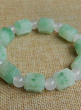 缅甸天然A货翡翠原石半明料玉石冰糯种飘绿六字真言手链手串H1385