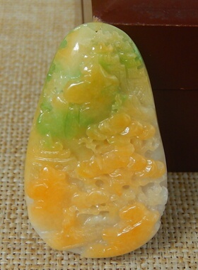 缅甸A货翡翠原石明料玉石毛料冰糯种大马坎黄加绿山水牌挂件K8685