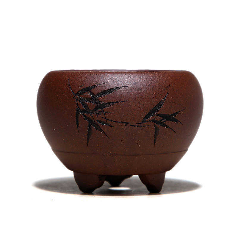 〔长青〕宜兴紫砂花盆古典菖蒲多肉微型万象透气三足紫泥线圈圆盆