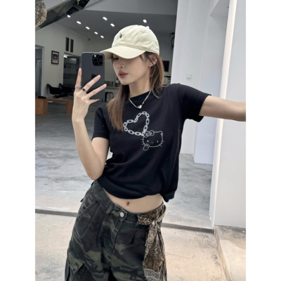 XFX国潮美式复古宽松正肩KT猫短袖T恤女夏季休闲显瘦短款高街上衣