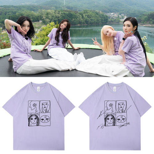 aespa综艺aesParty周边衣服同款短袖T恤纯棉自制浅紫色印花上衣