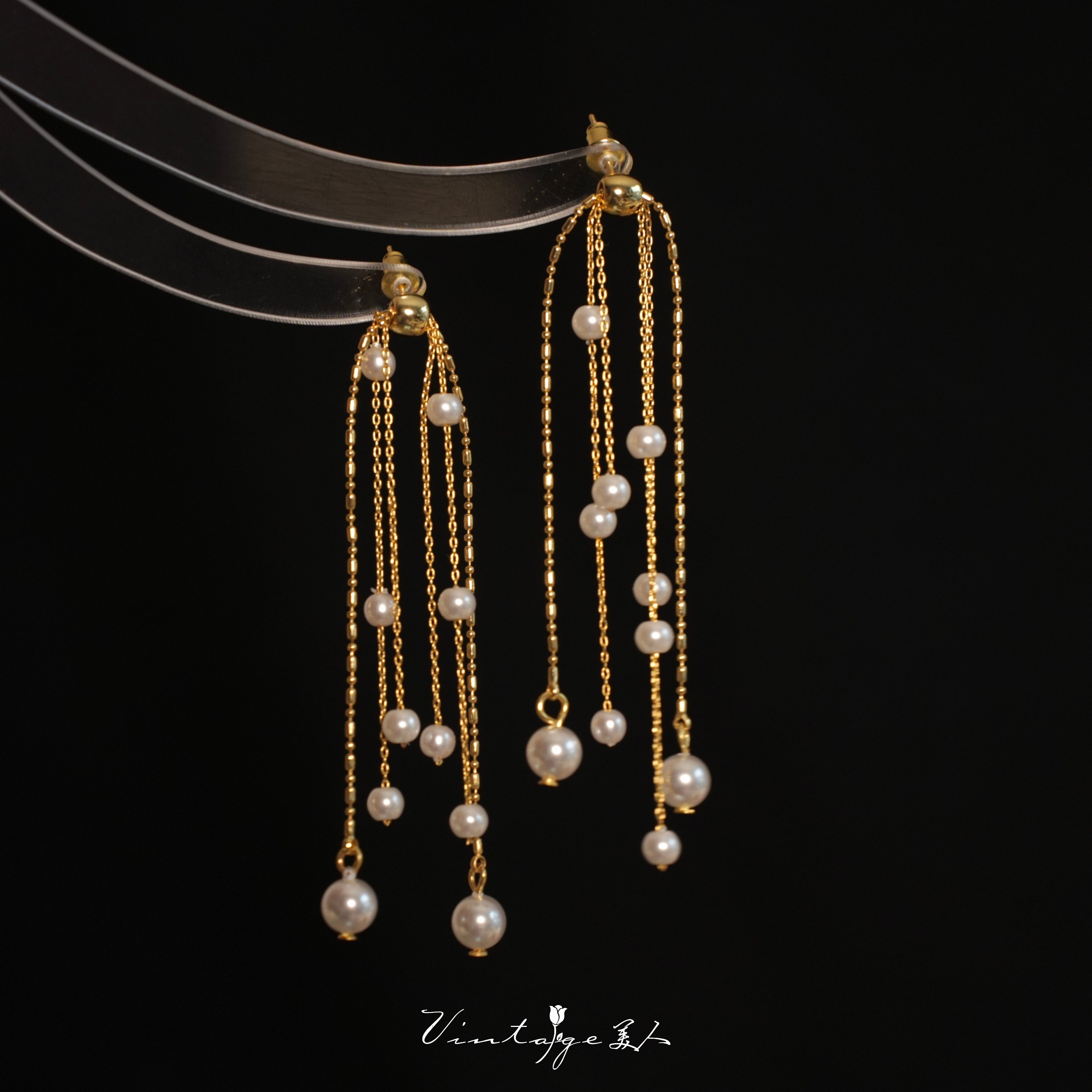 「珍珠瀑布」法式复古流苏轻奢小众设计优雅高级感珍珠耳环/耳夹,饰品/流行首饰/时尚饰品新,耳环,淘宝优惠券,粉丝福利购,淘宝优惠卷
