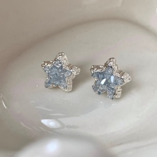 「淡蓝色恋曲」破碎感法式 高级温柔百搭蓝色冰晶星星耳钉耳环耳夹