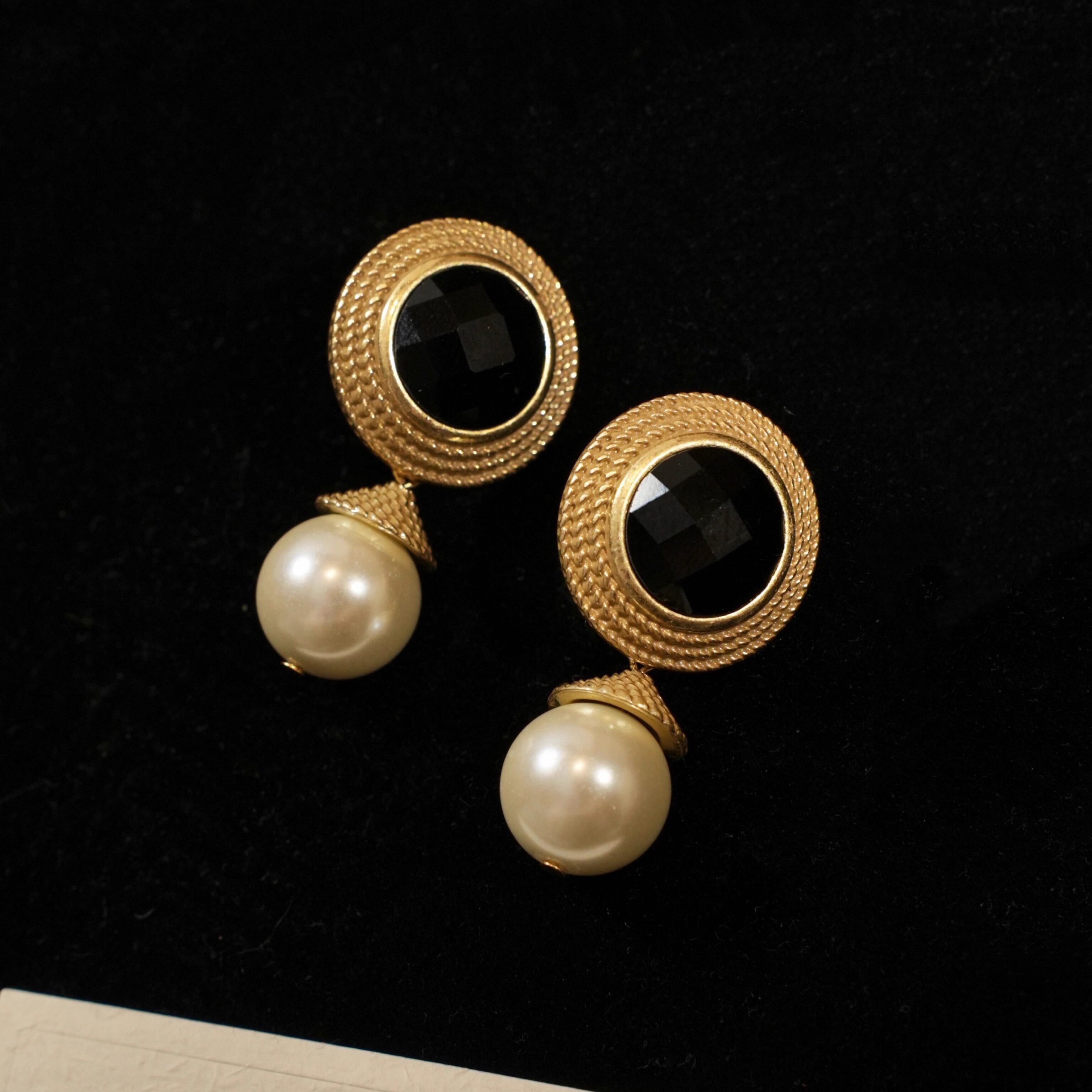 「黑金歌剧院」vintage法式宫廷高级感宴会黑色宝石珍珠耳环/耳夹